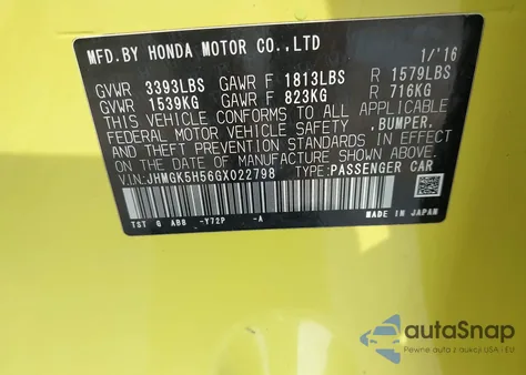 2016 Honda Fit Lx z USA, uszkodzony, nr VIN JHMGK5H56GX022798